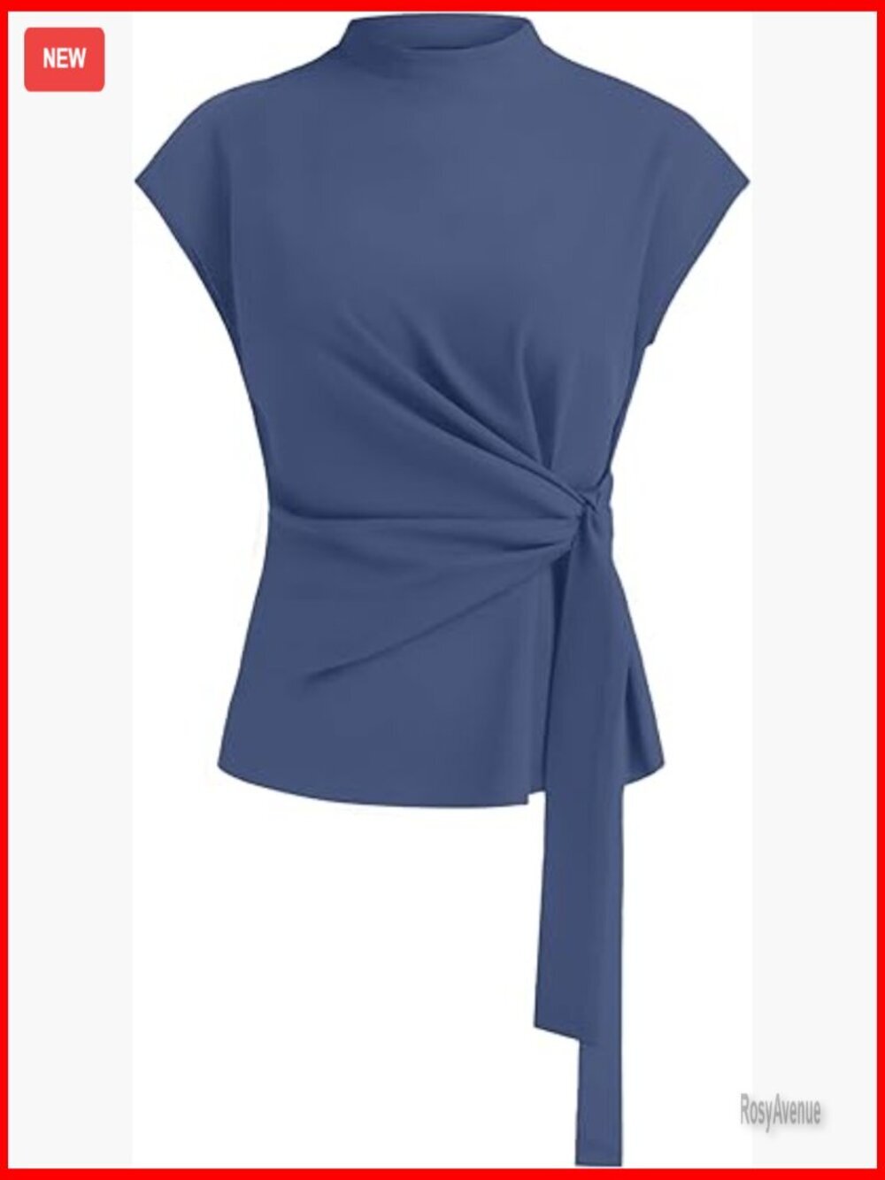 Cap Sleeve Mock Neck Tie Waist Blouse for Work or Casual